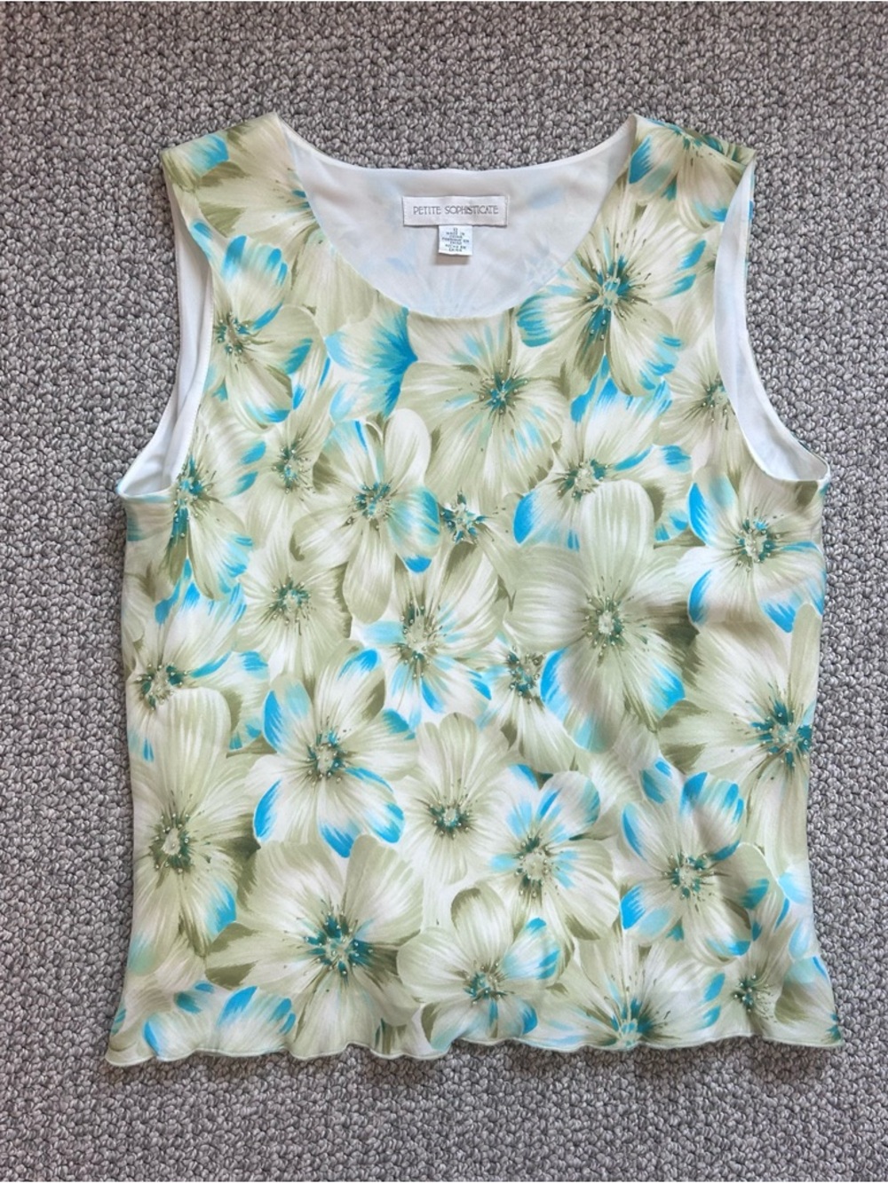 100% Silk Petite Sophisticate Floral Sleeveless Tank - Green & Blue Sz 12
